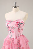 Corset trapèze sans bretelles à plusieurs niveaux Robe de cocktail à fleurs roses