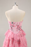 Corset trapèze sans bretelles à plusieurs niveaux Robe de cocktail à fleurs roses