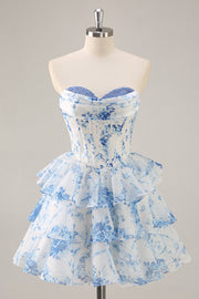Robe courte de retour à la maison corset fleur bleu blanc