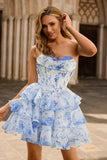 Blanc Bleu Fleur A-Trap Corset Sans Bretelles Robe de cocktail