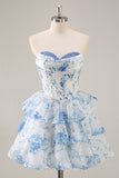 Robe courte de retour à la maison corset fleur bleu blanc