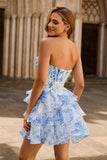 Blanc Bleu Fleur A-Trap Corset Sans Bretelles Robe de cocktail