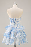 Blanc Bleu Fleur A-Trap Corset Sans Bretelles Robe de cocktail