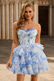 Blanc Bleu Fleur A-Trap Corset Sans Bretelles Robe de cocktail