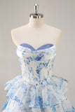 Robe courte de retour à la maison corset fleur bleu blanc