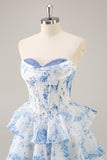 Robe courte de retour à la maison corset fleur bleu blanc
