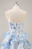 Robe courte de retour à la maison corset fleur bleu blanc
