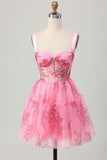 Floral rose A-ligne spaghetti bretelles Corset Robe de cocktail