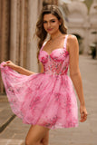 Floral rose A-ligne spaghetti bretelles Corset Robe de cocktail