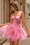 Floral rose A-ligne spaghetti bretelles Corset Robe de cocktail