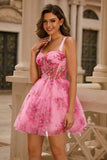 Floral rose A-ligne spaghetti bretelles Corset Robe de cocktail