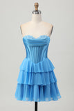 Robe de cocktail corset fuchsia sans bretelles à plusieurs niveaux