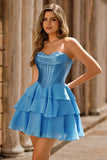 Robe de cocktail courte trapèze corset sans bretelles bleue