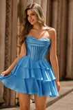 Robe de cocktail courte trapèze corset sans bretelles bleue