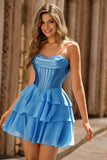 Robe de cocktail courte trapèze corset sans bretelles bleue