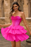Robe de cocktail courte trapèze corset sans bretelles bleue