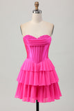 Robe de cocktail corset fuchsia sans bretelles à plusieurs niveaux