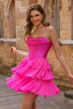 Robe de cocktail corset fuchsia sans bretelles à plusieurs niveaux
