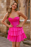 Robe de cocktail courte trapèze corset sans bretelles bleue