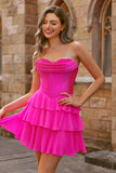 Robe de cocktail corset fuchsia sans bretelles à plusieurs niveaux