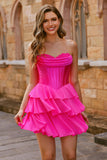 Robe de cocktail corset fuchsia sans bretelles à plusieurs niveaux