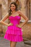 Robe de cocktail corset fuchsia sans bretelles à plusieurs niveaux