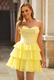Robe de cocktail courte trapèze corset sans bretelles bleue
