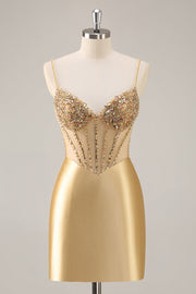 Corset doré Moulante Perles Courte Robe de Retrouvailles