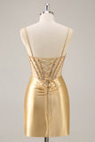 Robe de balle courte perlée à bretelles spaghetti dorées Corset