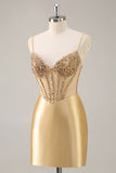 Corset doré Moulante Perles Courte Robe de Retrouvailles