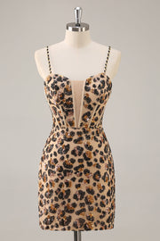 Kahki Leopard Corset Robe courte moulante de retour à la maison avec paillettes