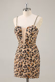 Kahki Leopard Corset Robe courte moulante de retour à la maison avec paillettes