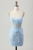 Corset bleu Paillettes Floral Moulante Robe de cocktail