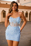 Corset bleu Paillettes Floral Moulante Robe de cocktail