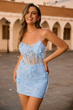 Corset bleu Paillettes Floral Moulante Robe de cocktail