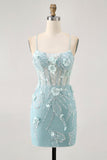 Corset bleu Paillettes Floral Moulante Robe de cocktail
