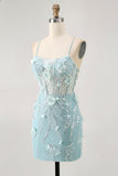 Corset bleu Paillettes Floral Moulante Robe de cocktail
