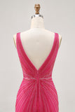 Robe de cocktail courte moulante moulante perlée à col en V fuchsia pour les retrouvailles