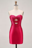 Robe de cocktail bustier découpée perlée fuchsia moulante