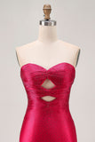 Robe de cocktail bustier découpée perlée fuchsia moulante