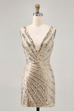 Robe moulante scintillante à paillettes dorées à col en V pour les retrouvailles