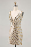 Robe moulante scintillante à paillettes dorées à col en V pour les retrouvailles