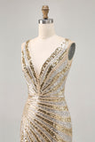 Robe moulante scintillante à paillettes dorées à col en V pour les retrouvailles