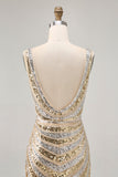 Robe moulante scintillante à paillettes dorées à col en V pour les retrouvailles