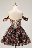 Robe de cocktail courte trapèze style corset à épaules dénudées et imprimé léopard kaki
