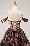 Robe de cocktail courte trapèze style corset à épaules dénudées et imprimé léopard kaki