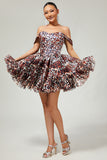 Robe de cocktail courte trapèze style corset à épaules dénudées et imprimé léopard kaki