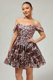 Robe de cocktail courte trapèze style corset à épaules dénudées et imprimé léopard kaki