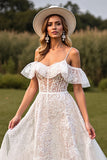 Robe de mariée blanche à épaules froides à volants une ligne avec applique