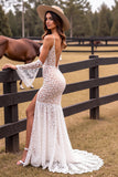 Robe de mariée en dentelle sirène à col en V profond blanc avec fente